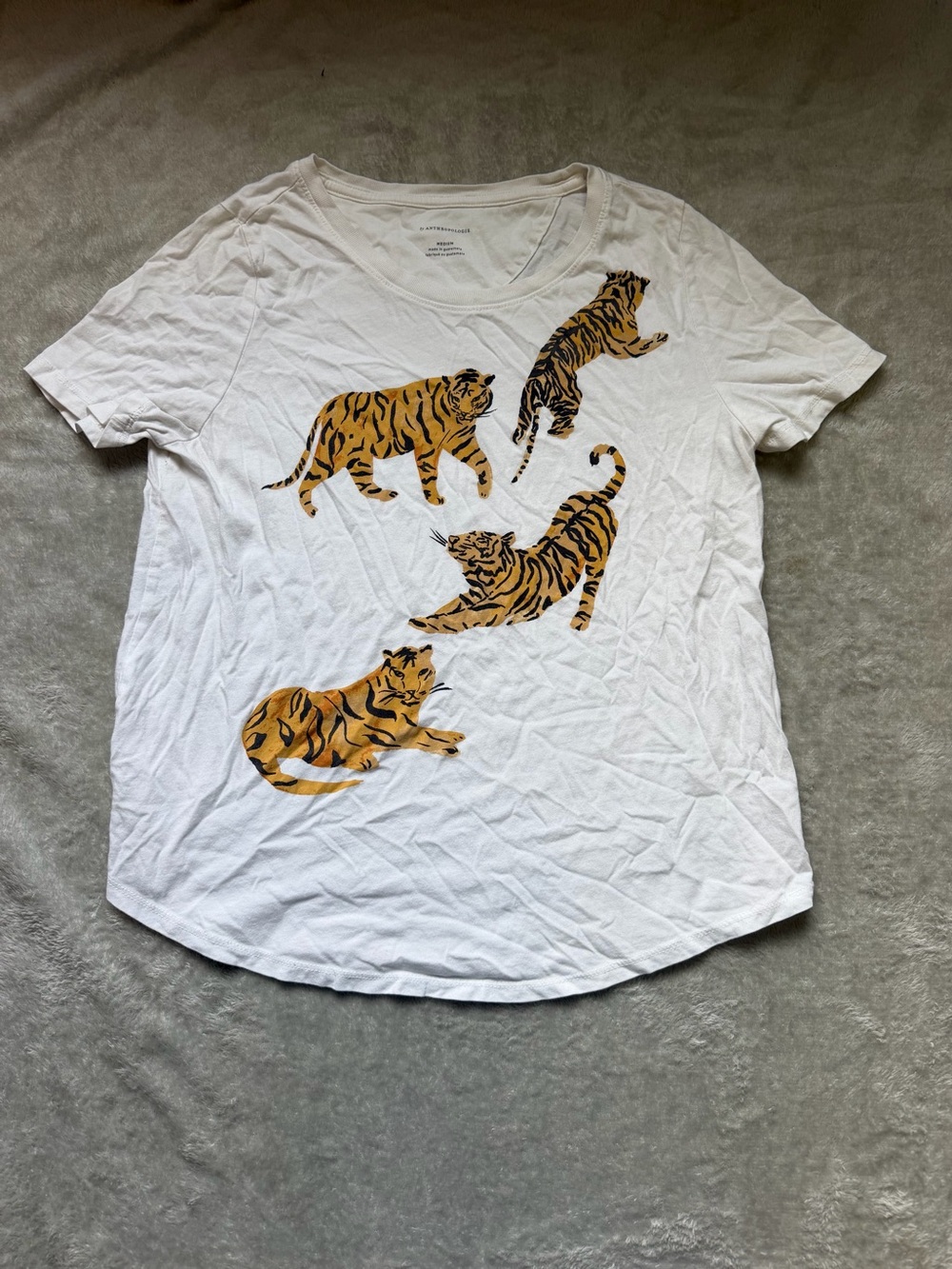 Anthropologie White Tee with Gold Tiger Motif